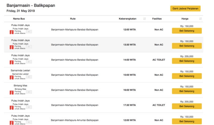 Harga tiket bus balikpapan banjarmasin